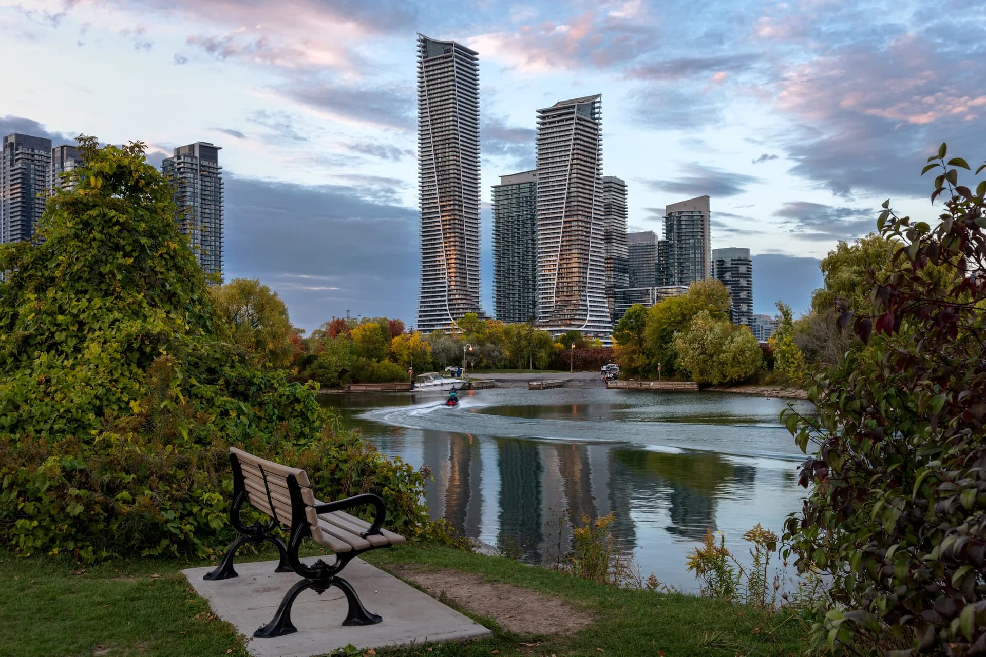 Humber Bay waterfront condos and Etobicoke skyline along Lake Ontario
