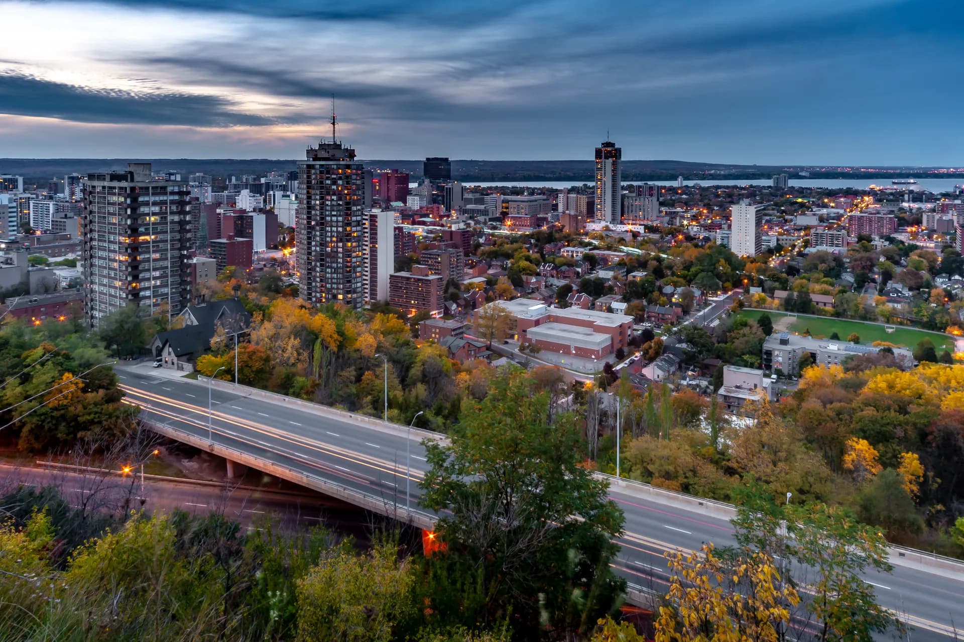 Hamilton cityscape with the Niagara Escarpment and downtown core